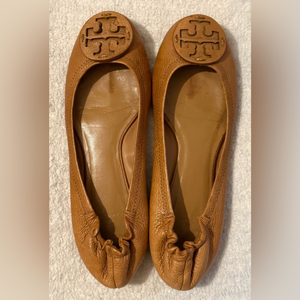 Tory Burch Reva Womens Brown Pebble Leather Ballet Flats Shoes, Size 10